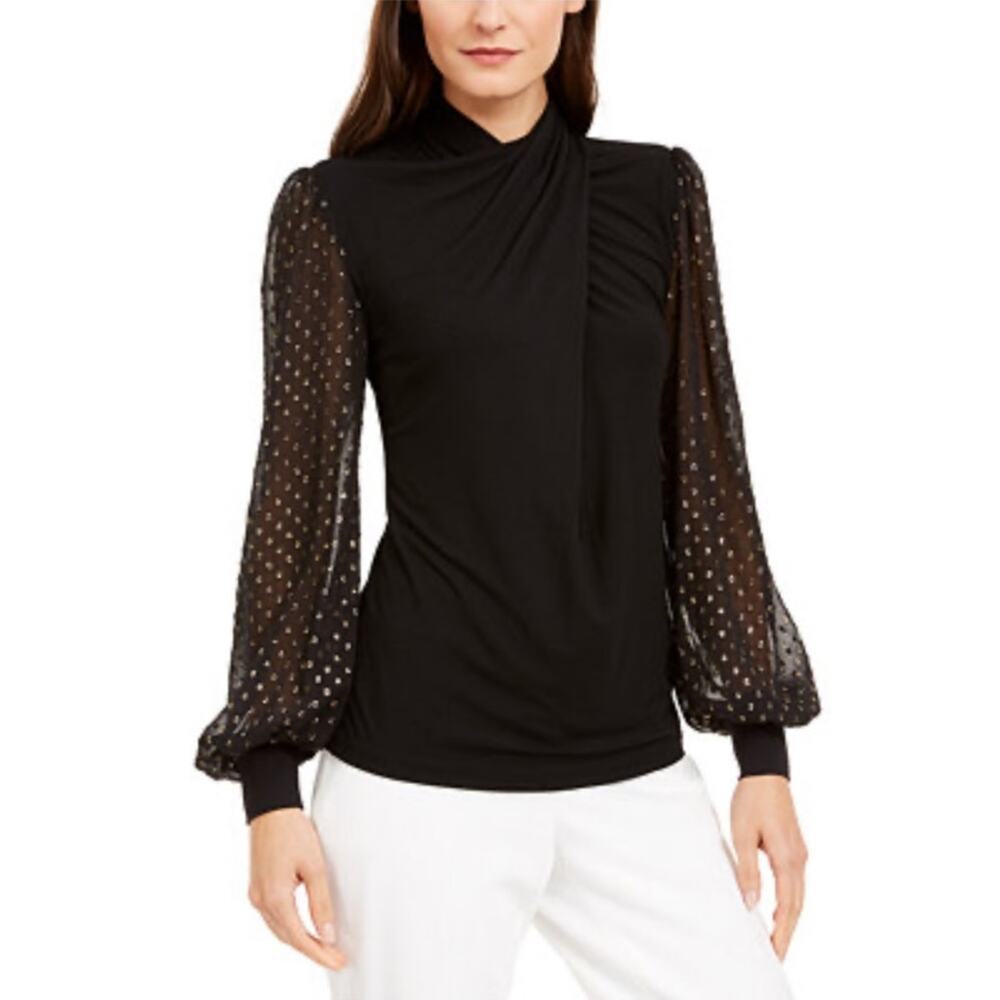 Elie Tahari Keilani Metallic Crossover Top Black Gold Size S‎
